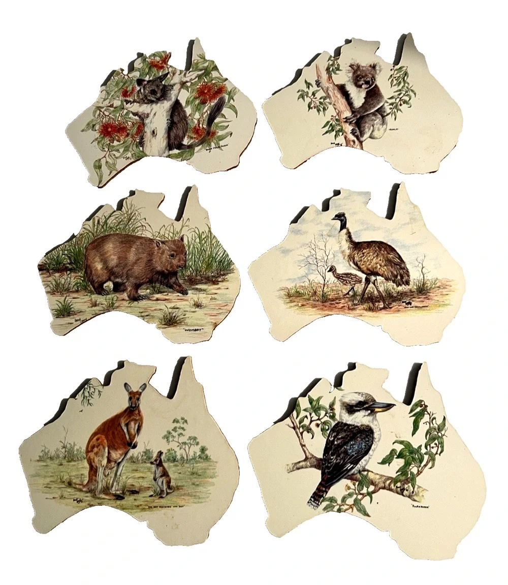 Set of 6 Wildlife Creations Cork Back Coasters Australia Animals - In Map Shape